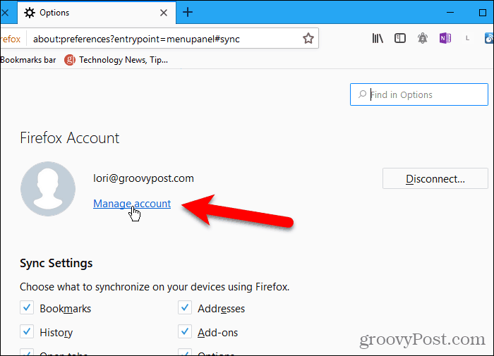 Kliknite Upravljanje računa v Firefoxu za Windows