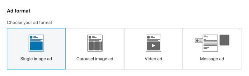 posnetek zaslona možnosti za en slikovni oglas, izbran za format oglasa LinkedIn
