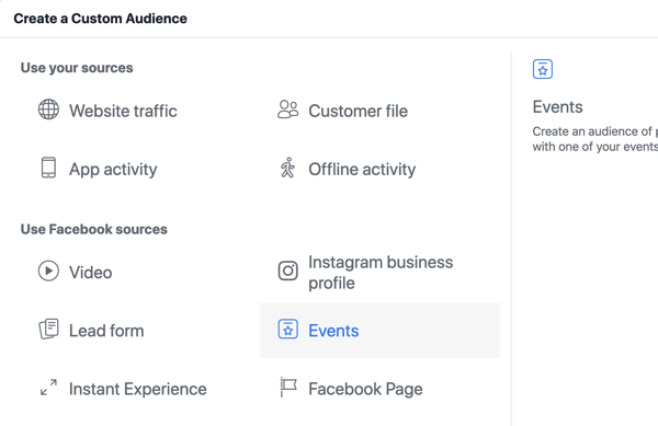 Kako promovirati svoj dogodek v živo na Facebooku, korak 10, ustvariti občinstvo po meri v Facebook Ads Managerju na podlagi ogledov strani dogodka