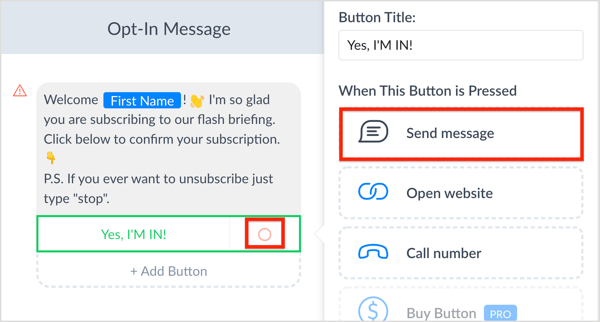 Kliknite gumb možnosti poleg gumba s pozivom k dejanju in kliknite Pošlji sporočilo.