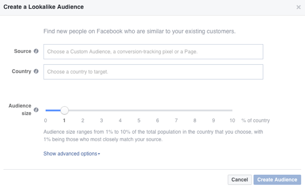 Te možnosti boste videli, ko ustvarite Facebook podobno občinstvo.