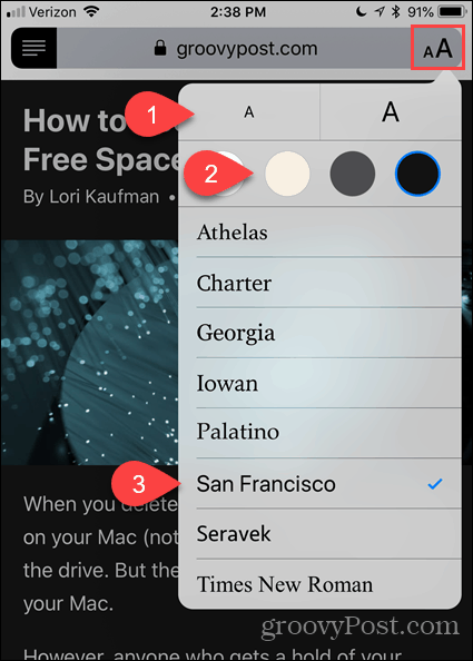 Spremenite pisavo in barvo v Bralnem pogledu v Safariju za iOS