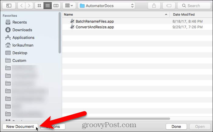 V operacijskem sistemu Mac kliknite Nov dokument v programu Automator