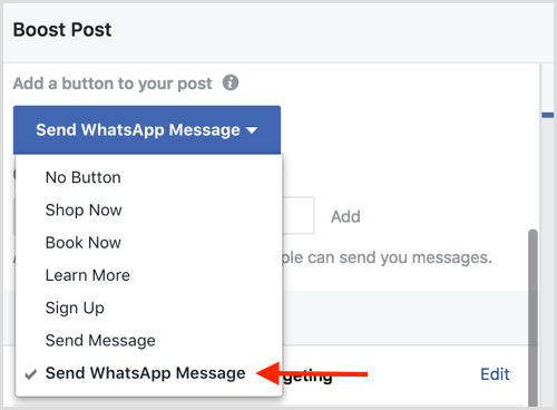 Ko povečate objavo na Facebooku, izberite možnost Pošlji sporočilo WhatsApp.