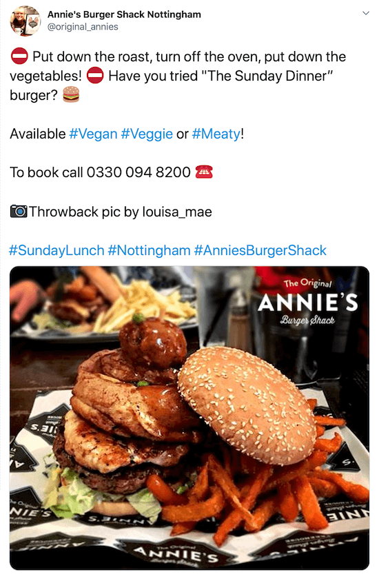 posnetek zaslona twitterja @original_annies s sliko hamburgerja in krompirčka pod sladkim opisom, njihovo telefonsko številko, kreditno sliko in hashtagi