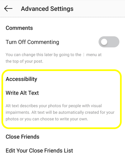 Kako dodati nadomestno besedilo objavam v Instagramu, korak 2, možnost dostopnosti objave v Instagramu za nastavitev oznake alt