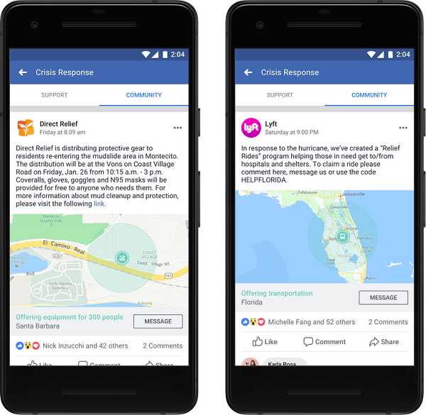 Facebook je sporočil, da lahko organizacije in podjetja zdaj objavljajo v Pomoči skupnosti in zagotavljajo ključne informacije in storitve, da lahko ljudje dobijo pomoč, ki jo potrebujejo v krizi.