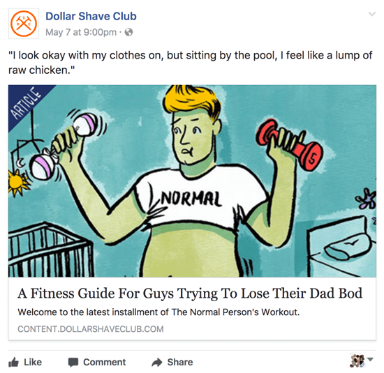 Dollar Shave Club na svoji poslovni strani na Facebooku deli ustrezne in pametne vsebine.