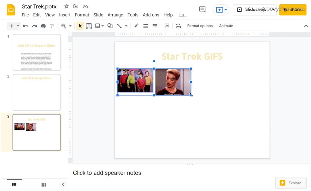 GIFS, vstavljeni v predstavitev Google Slides