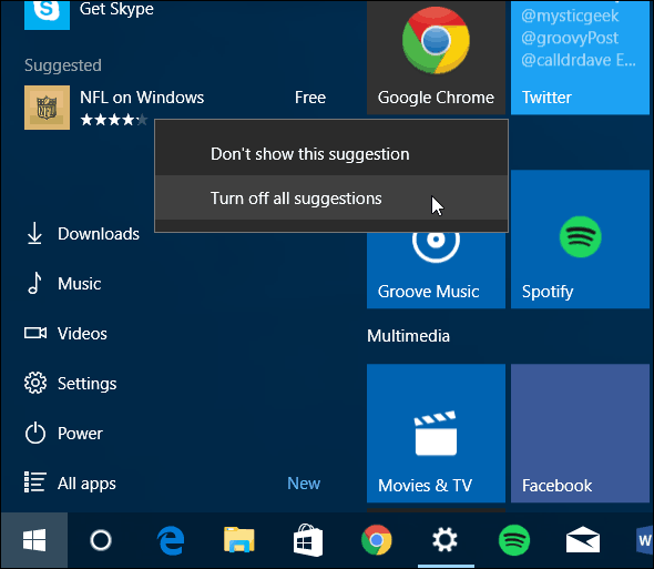 Začetni meni sistema Windows 10 Izklopite predlagane aplikacije