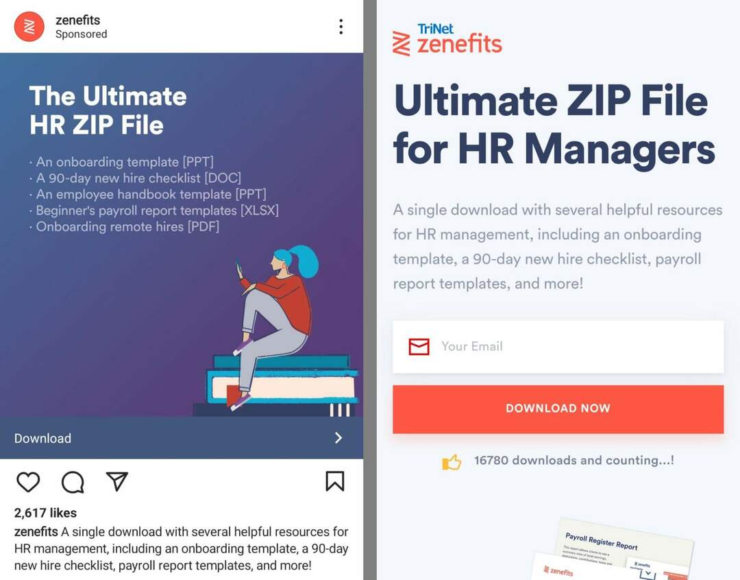 how-to-grow-your-email-list-on-instagram-using-instagram-landing-page-promotes-customer-email-download-cta-call-to-action-automatically-redirects-to-landing-page- zenefits-primer-17