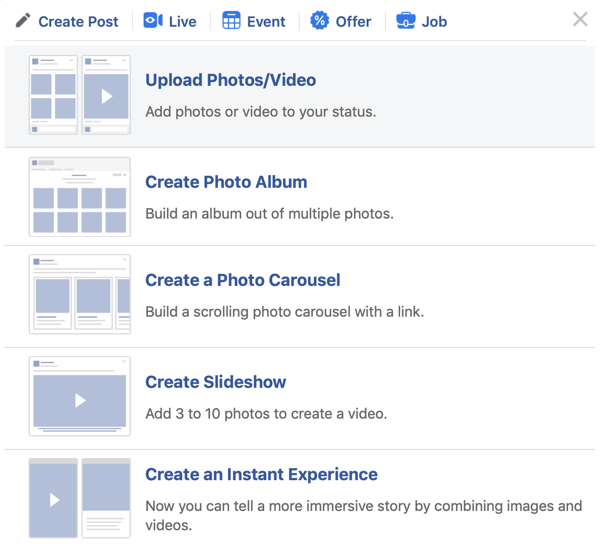Kako nastaviti Facebook Premiere, korak 2, naložite fotografijo / video možnost