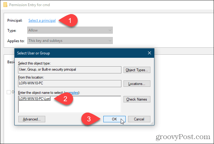 Kliknite Izberi glavnega in izberite uporabnika ali skupino za dovoljenja v registru Windows