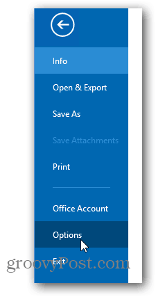 Office 2013 spremeni barvno temo - kliknite možnosti