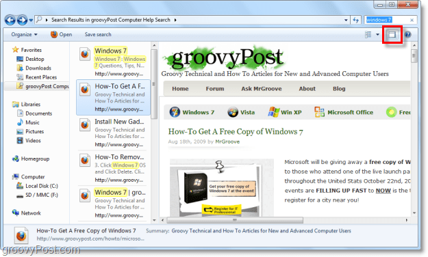 uporabite okno za predogled sistema Windows 7 za ogled spletnih mest prek iskalnega priključka v oknu raziskovalca