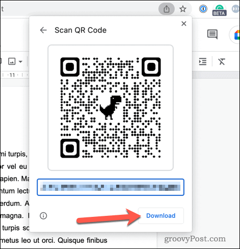 Primer kode QR v brskalniku Google Chrome