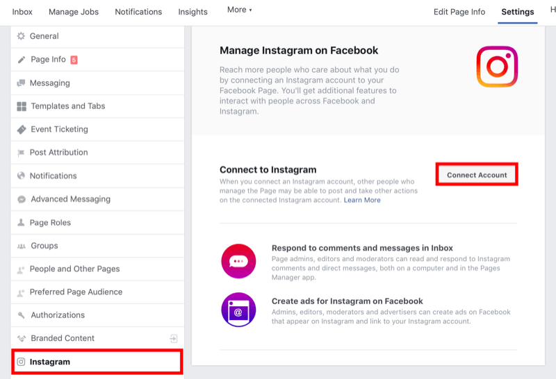 kako povezati Facebook stran s poslovnim računom Instagram v nastavitvah Facebook strani