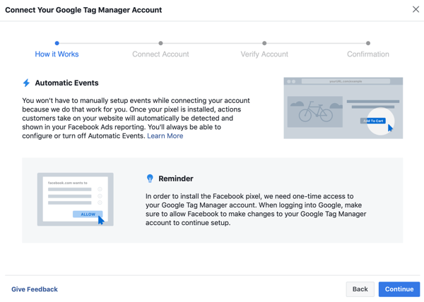 Ko povežete Google Tag Manager s svojim Facebook računom, uporabite Google Tag Manager s Facebookom, korak 6, gumb za nadaljevanje