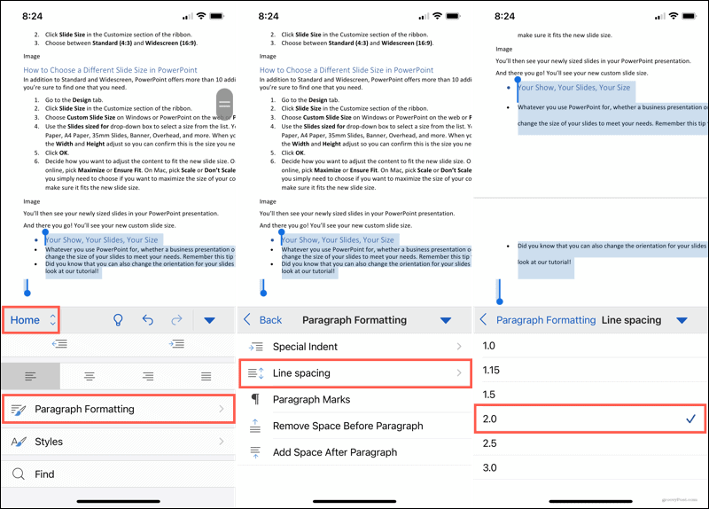 Oblikovanje odstavkov, razmik med vrsticami v Wordu na mobilnem telefonu