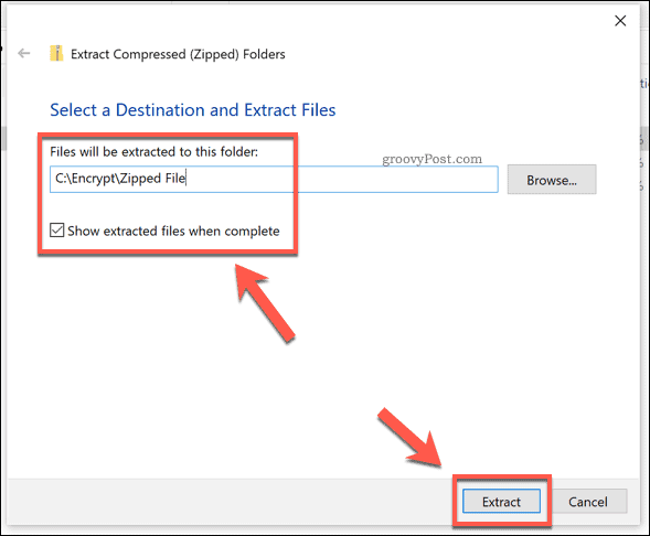 Možnosti ekstrakcije za datoteko zip Windows
