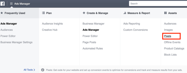Če želite nastaviti Facebook pixel, odprite Ads Manager in jo izberite.
