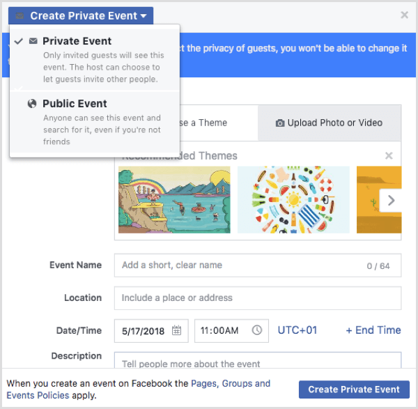Možnosti Facebook dogodka pri ustvarjanju dogodka iz Facebook profila