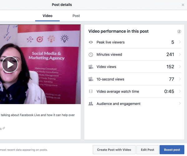 Izberite video v svoji videoteki v Facebooku, da si ogledate meritve uspešnosti.