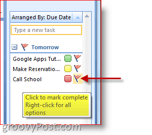Vrstica opravil Outlook 2007 – Kliknite zastavico opravila, da označite dokončano