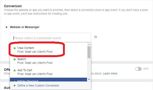 Če ste za cilj oglasa Facebook Messenger izbrali Konverzije, izberite dogodek konverzije.