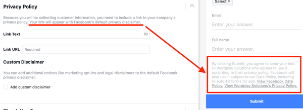 Primer pravilnika o zasebnosti, vključenega v možnosti vodilne oglaševalske kampanje na Facebooku.