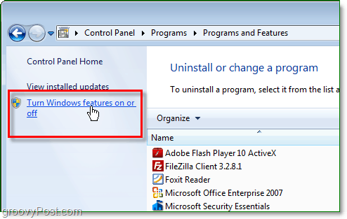 kliknite vklopite ali izklopite funkcije okna v oknu programov in funkcij sistema Windows 7