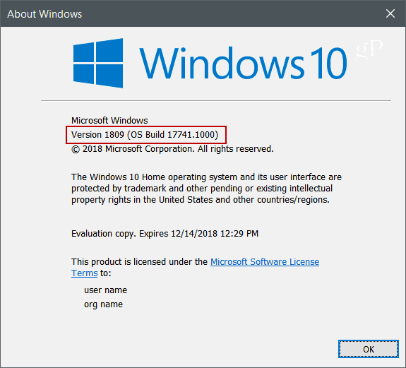 Winver Windows 10 različice 1809