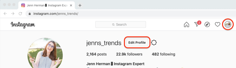 posnetek zaslona profila instagrama z označenim gumbom 'uredi profil'