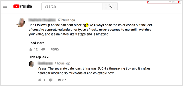 Amy Landino uporablja ukaz Najdi za iskanje vprašajev v svojih komentarjih na videoposnetke v YouTubu. Polje Najdi se prikaže v zgornjem desnem kotu okna brskalnika. Po iskanju vprašaja je znak na spletni strani videoposnetka označen z rumeno.