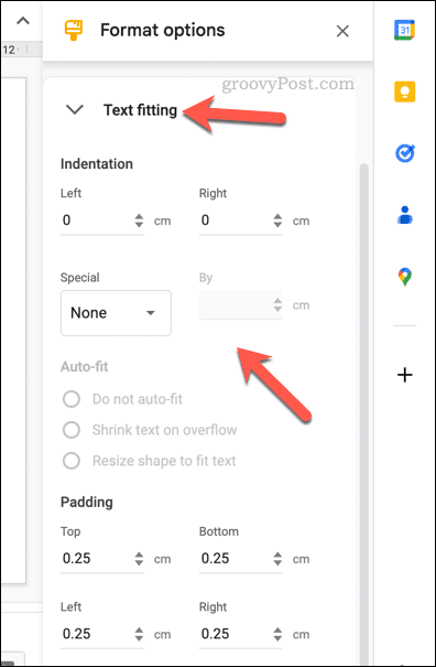 Spreminjanje možnosti prilagajanja besedila za tabelo Google Diapozitivov