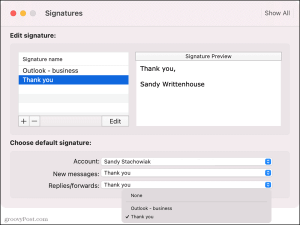 Izberite privzeti podpis v Outlooku