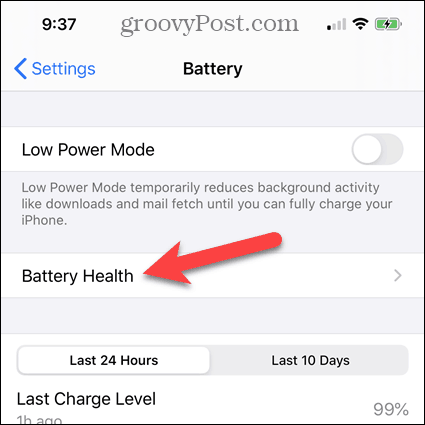 Tapnite Battery Health na zaslonu baterije iPhone