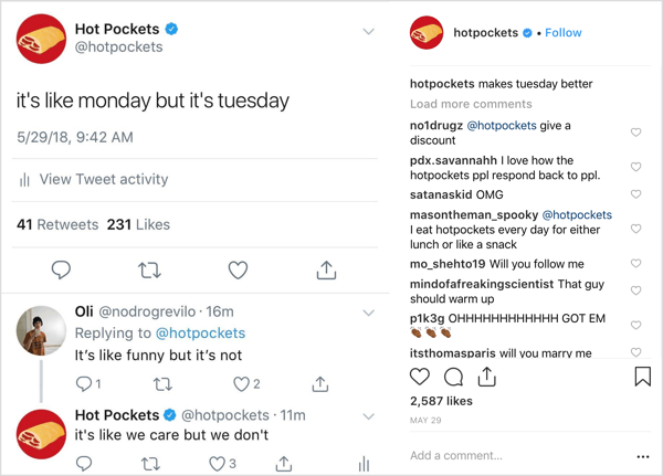 Objava Hot Pockets Instagram z zaščitnim humorjem.