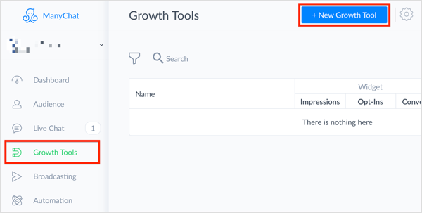 V ManyChat izberite Growth Tools na levi in ​​v zgornjem desnem kotu kliknite gumb + New Growth Tool.