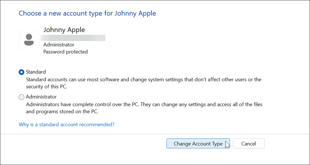 Spremenite vrsto računa v sistemu Windows 11