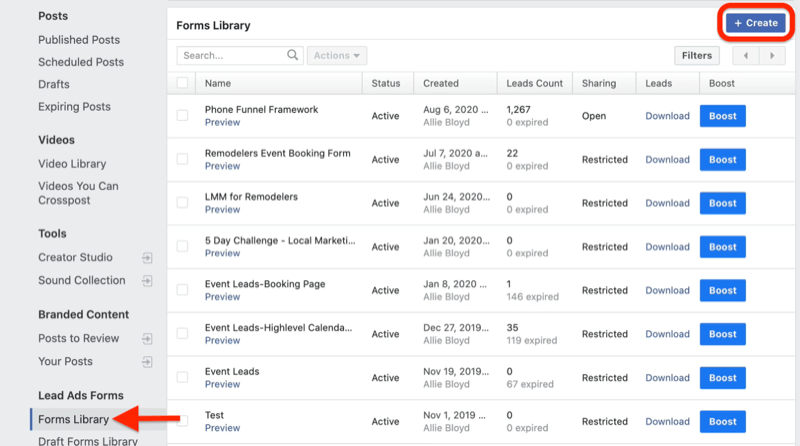 meni orodij za založništvo facebook business manager s knjižnico obrazcev, označeno pod obrazci svinčenih oglasov z označenim gumbom za ustvarjanje