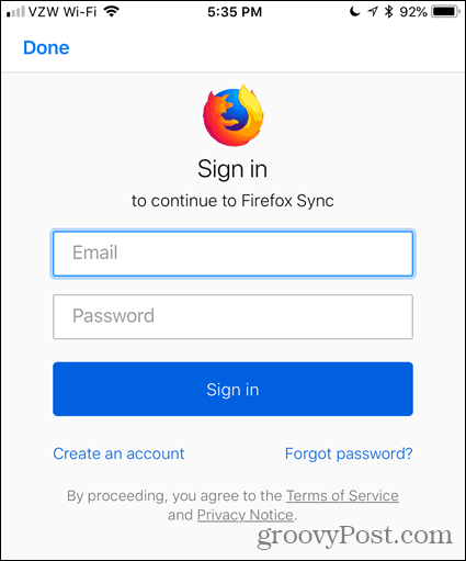 Vnesite svoj e-poštni naslov in geslo v Firefox za iOS