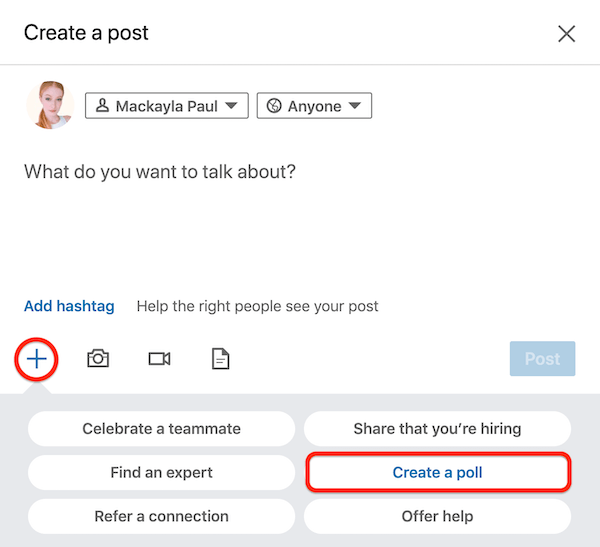 LinkedIn Pogovorno okno Ustvari objavo z možnostjo Ustvari anketo