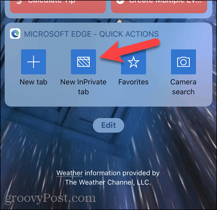 Tapnite Nov zavihek InPrivate na pripomočku Edge v sistemu iOS