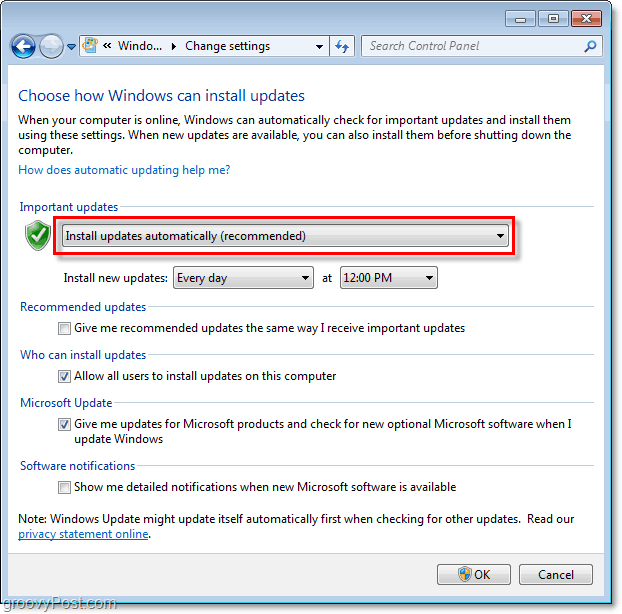 Windows 7 - zaslon menija za konfiguracijo posodobitve sistema Windows