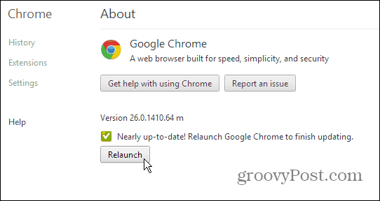 O spletni strani o Googlu Chrome - Posodobite in znova zaženite