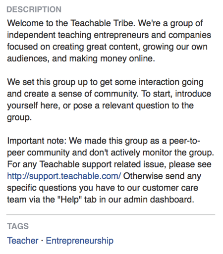 V opisu Facebook skupine Teachable neposredno navaja, da gre pri njeni Facebook skupini za ustvarjanje skupnosti.
