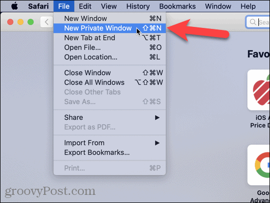 Izberite Novo zasebno okno v brskalniku Safari na Macu