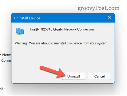 Potrdite odstranitev omrežne kartice v sistemu Windows 11