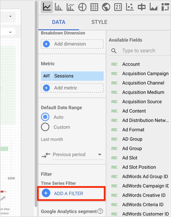 Na plošči z lastnostmi komponent kliknite možnost Dodaj filter na zavihku Podatki.